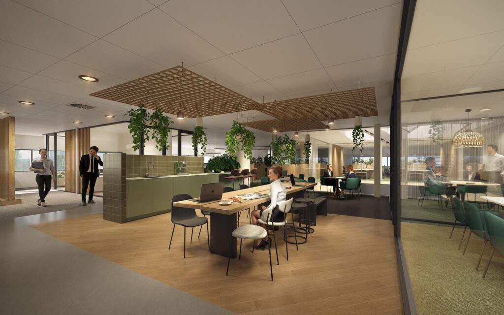 Modern office interior on Prof. E.M. Meijerslaan with shared workspaces, meeting areas, and greenery.